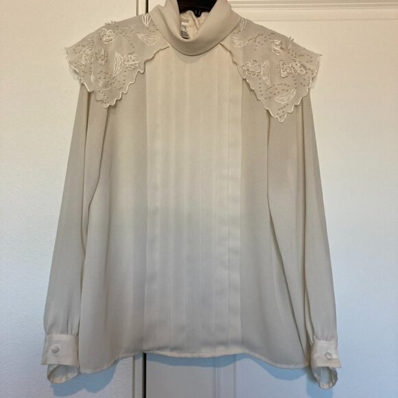 Laura Jayne Collection Cream Long Sleeve Blouse Beaded Shoulder Details Pleated - Picture 1 of 14